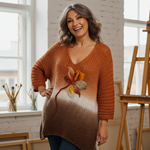 JERSEY, PULL, Maxi pull oversize de punto abierto en degrade en tonos cálidos con aplicación de flor en lana enfieltradas