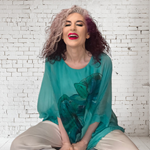 TUNICA ,blusa en gasa de seda, color azul turquesa, dibujo de flores 