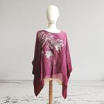 TUNICA ,blusa en gasa de seda, color granate dibujo de flores