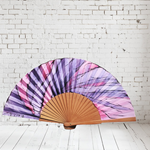 ABANICO  en seda y madera de peral, dibujo de atardecer en malva y rosa. Talla clásico