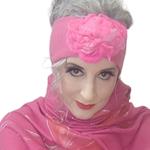 TURBANTE tipo cinta de color fucsia con flor rosa de lana fieltro