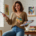 JERSEY, PULL, color beig, con aplicacion de flor en lana enfieltrada