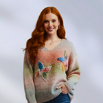 JERSEY, PULL, con hilo de fantasía multicolor con aplicacion de mariposas en lana enfientrada 