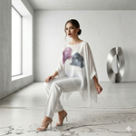 TUNICA ,blusa en gasa de seda, color arena dibujo de flores 