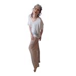 CAMISETA, PULL, color blanco con dibujo de helechos, en viscosa, lino, escote en pico, manga corta