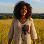 JERSEY, PULL, Maxi pull oversize de punto abierto color beig con flor de lana enfientrada en aplicación