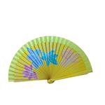 ABANICO de bolsillo, color amarillo, dibujo de flores, madera de arce lacada, tamaño pequeño