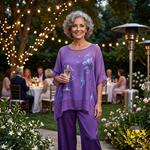 TUNICA ,blusa en gasa de seda, color morado dibujo de mariposas 