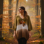 JERSEY, PULL, Maxi pull oversize de punto abierto en degrade beig con aplicación de flor de lana enfieltradas