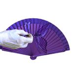 ABANICO de bolsillo, color morado, dibujo de mariposas, madera de arce lacada, tamaño pequeño