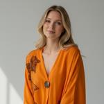 BLUSA japo, color naranja, dibujo de hojas, en viscosa saten, manga japonesa