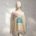 JERSEY, PULL, de corte evasé  y manga de canalé color crudo con dibujo de flores