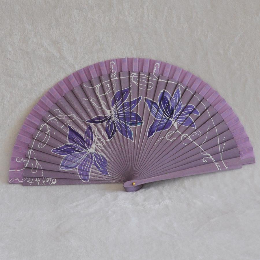ABANICO clásico, color malva, dibujo de flores, madera de arce lacado, tamaño medio