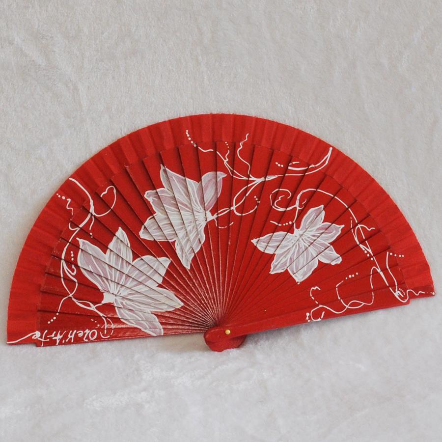 ABANICO de bolsillo, color rojo, dibujo de flores blancas, madera de arce lacada, tamaño pequeño