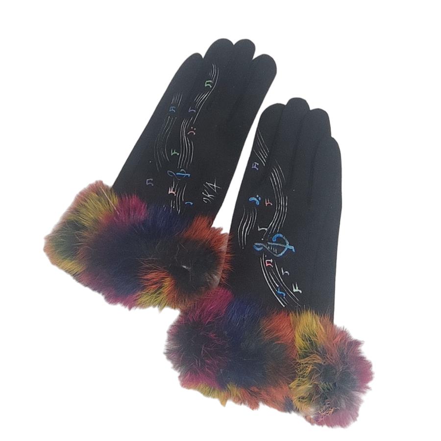 GUANTE negro, con dibujo de notas musicales y adorno de pelo multicolor, interior térmico, táctil   