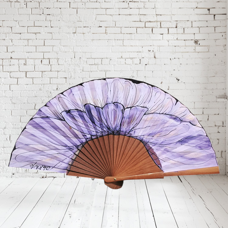 ABANICO  en seda y madera de peral, dibujo de gran flor en morado Talla clásico