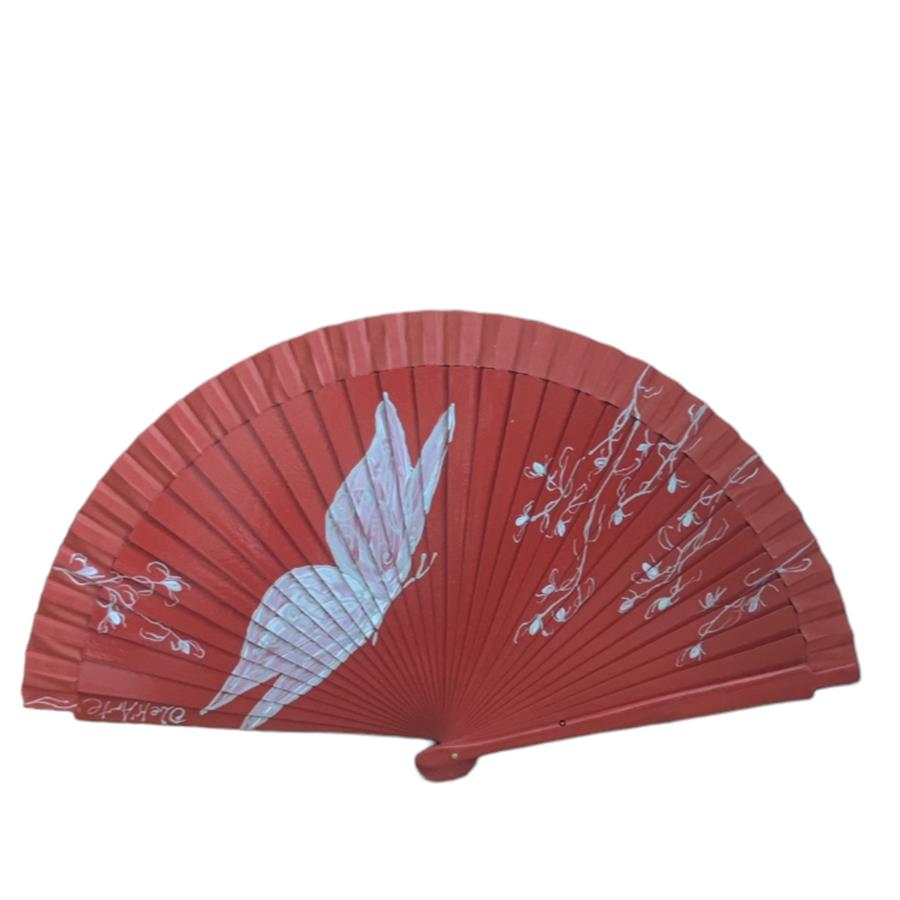 ABANICO clásico, color rojo, dibujo de mariposa y flores, madera de arce lacado, tamaño medio