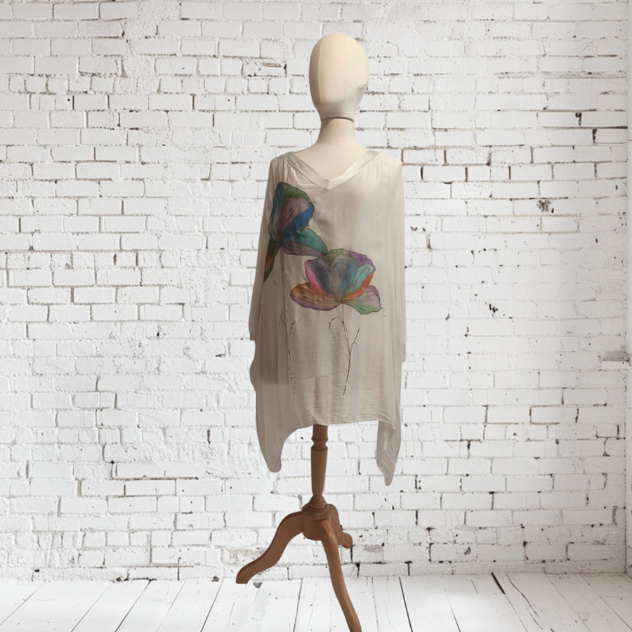 TUNICA ,blusa, vestido en gasa de seda, color piedra, dibujo de flores pintadas