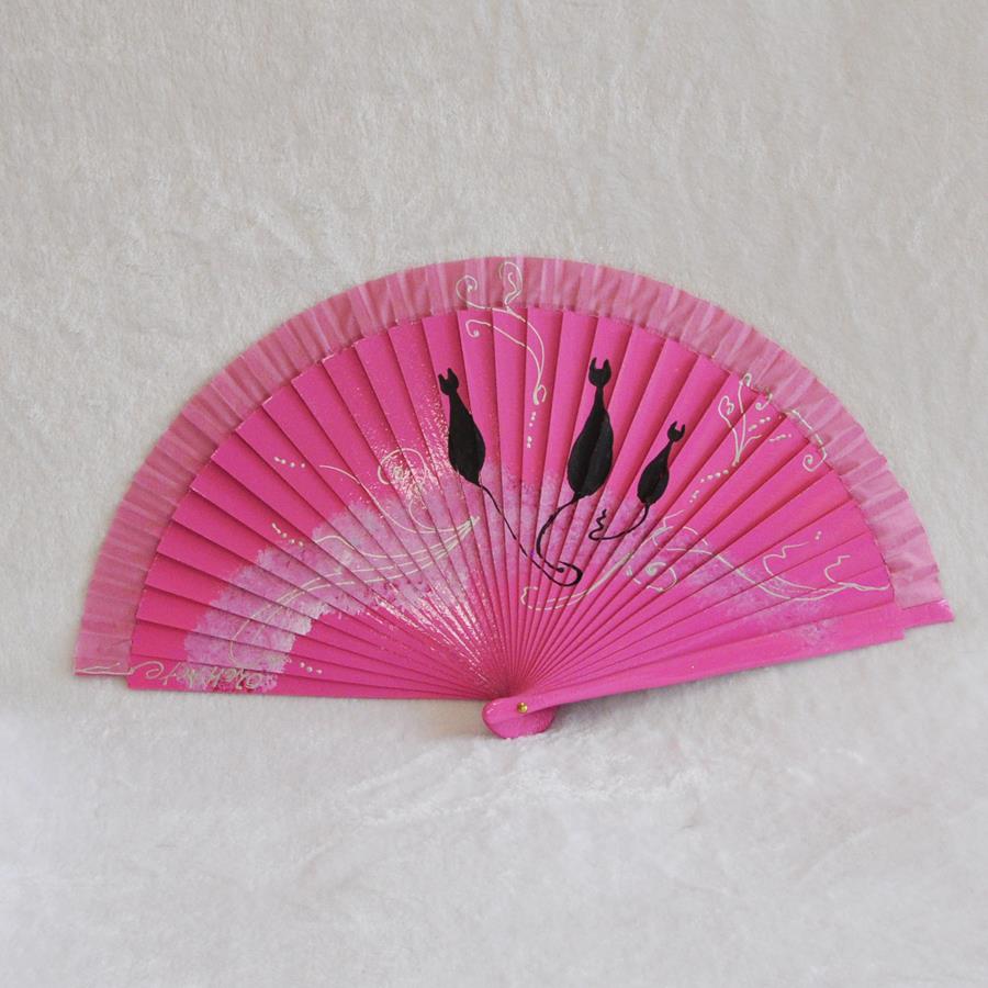 ABANICO clásico, color rosa, dibujo de gatos, madera de arce lacado, tamaño medio
