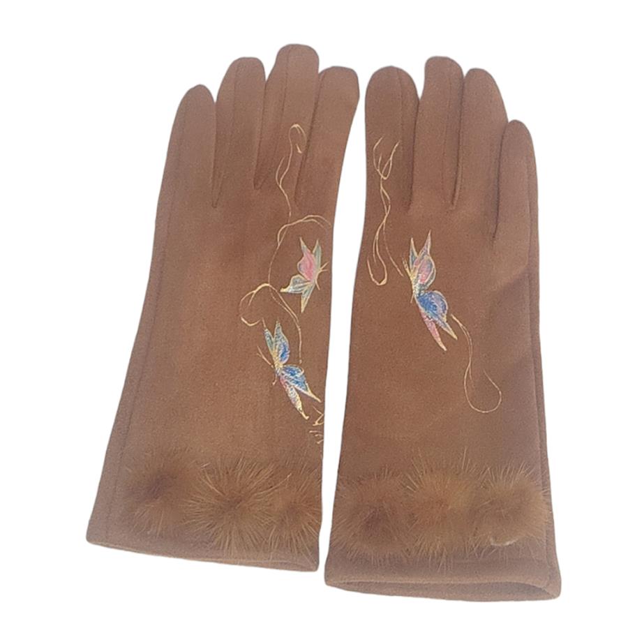 GUANTE camel, con dibujo de mariposas multicolores y adorno de borlas de pelo, interior térmico, táctil  