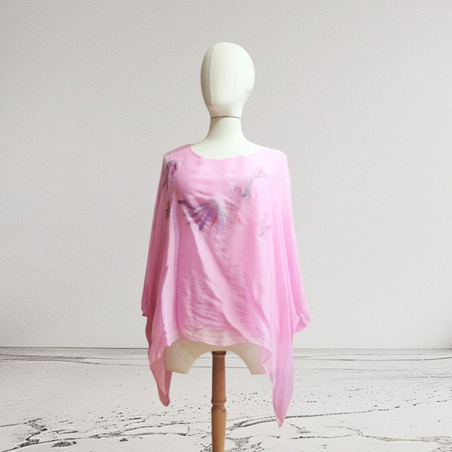 TUNICA ,blusa en gasa de seda rosa, con margaritas pintadas a mano