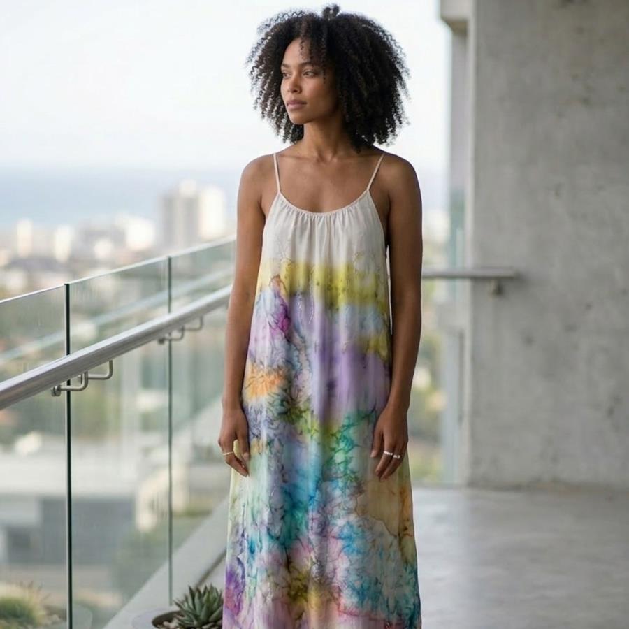  VESTIDO largo,de seda color blanco, pintada a mano con sibori