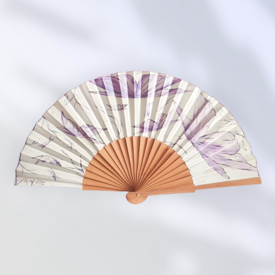 ABANICO  en seda y madera de peral, dibujo de mariposas en malva Talla clásico