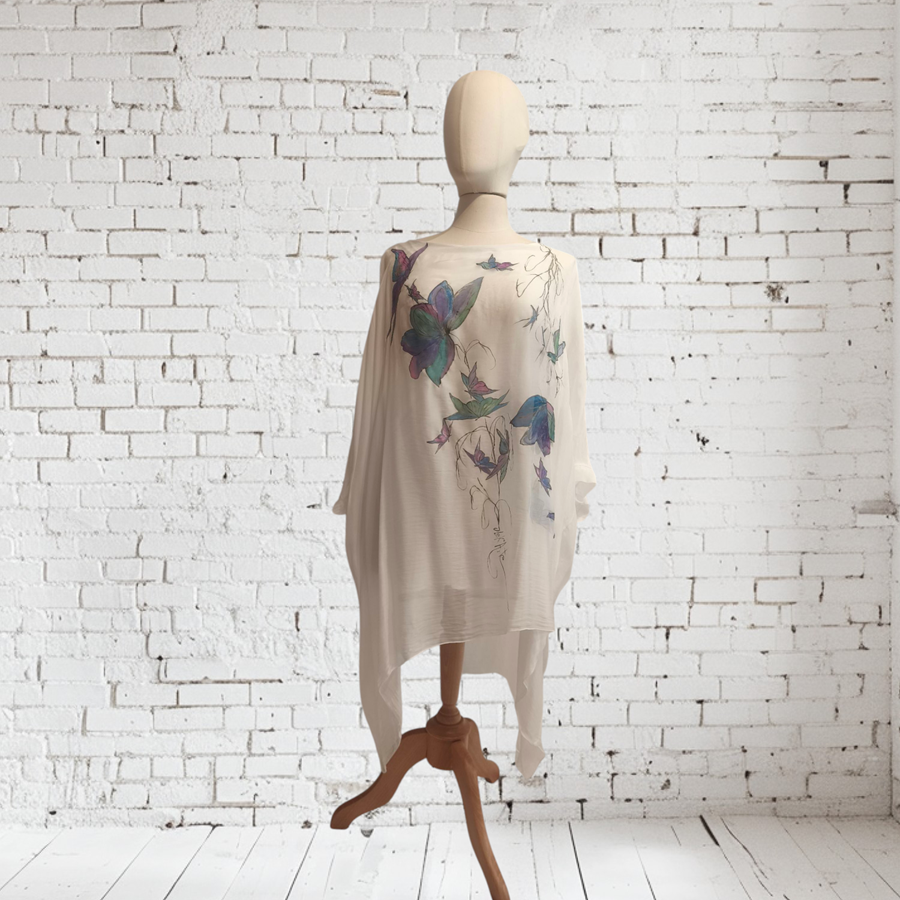 TUNICA, blusa, vestido en gasa de seda, color blanco dibujo de mariposas