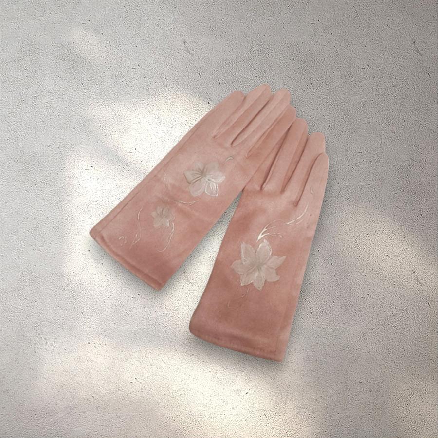 GUANTE rosa palo, con dibujo de flor blanca, interior térmico, táctil  