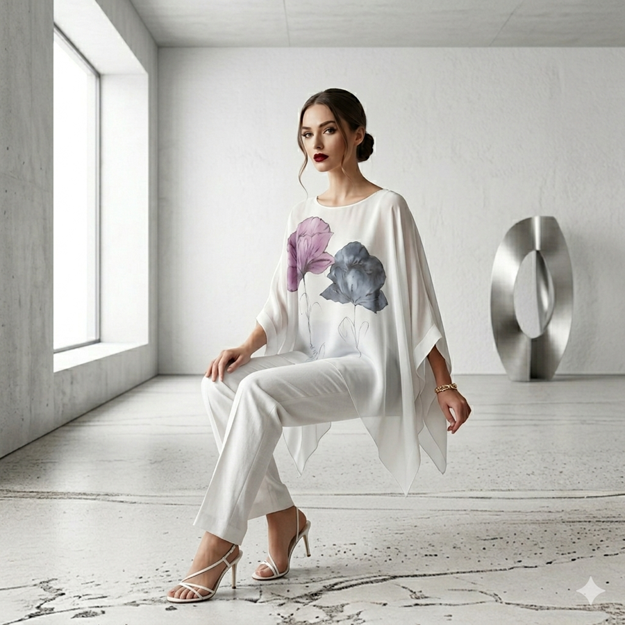 TUNICA ,blusa en gasa de seda, color arena dibujo de flores 