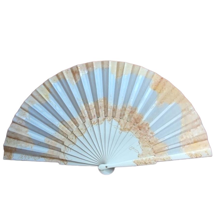 ABANICO pericón, color blanco, dibujo de espirales, en madera lacada , tamaño muy grande