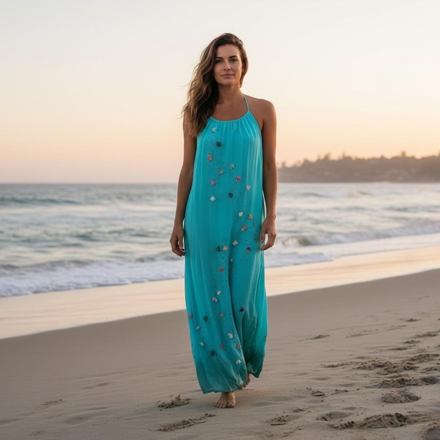  VESTIDO largo,de seda color azul, pintada a mano con florecillas aplicadas