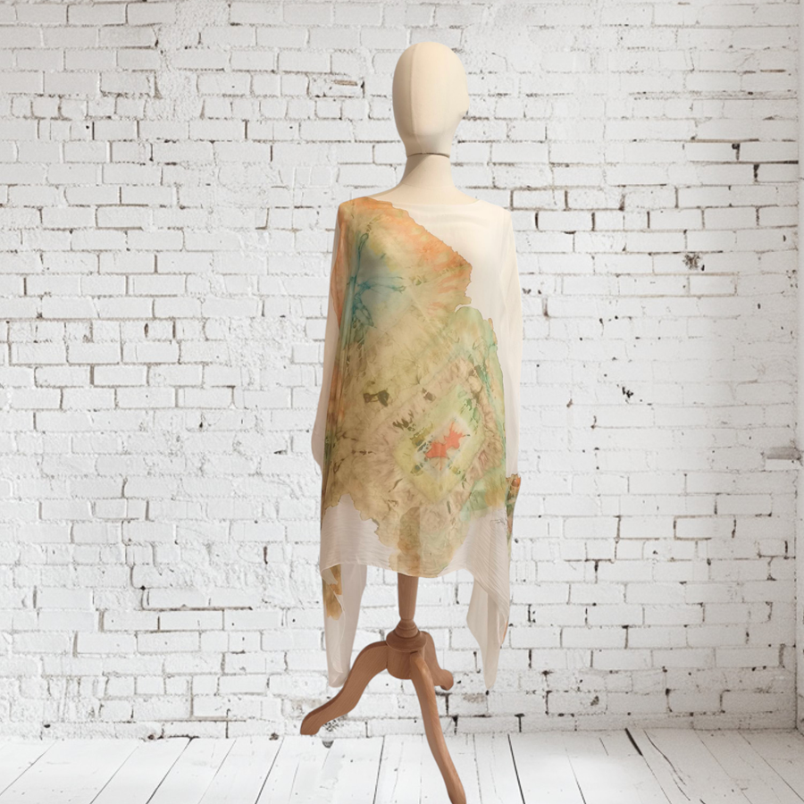 TUNICA ,blusa vestido en gasa de seda, color blanco dibujo sibory