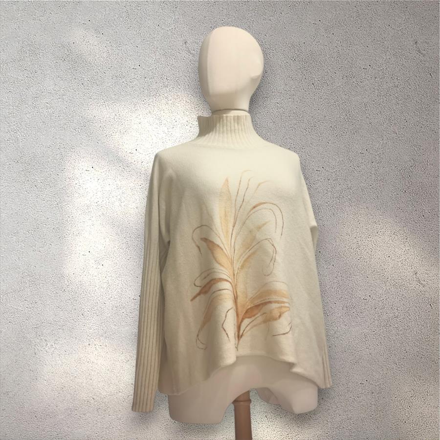 JERSEY, PULL, color crudo de corte evasé  y manga de canalé color crudo con dibujo de ramas en beig