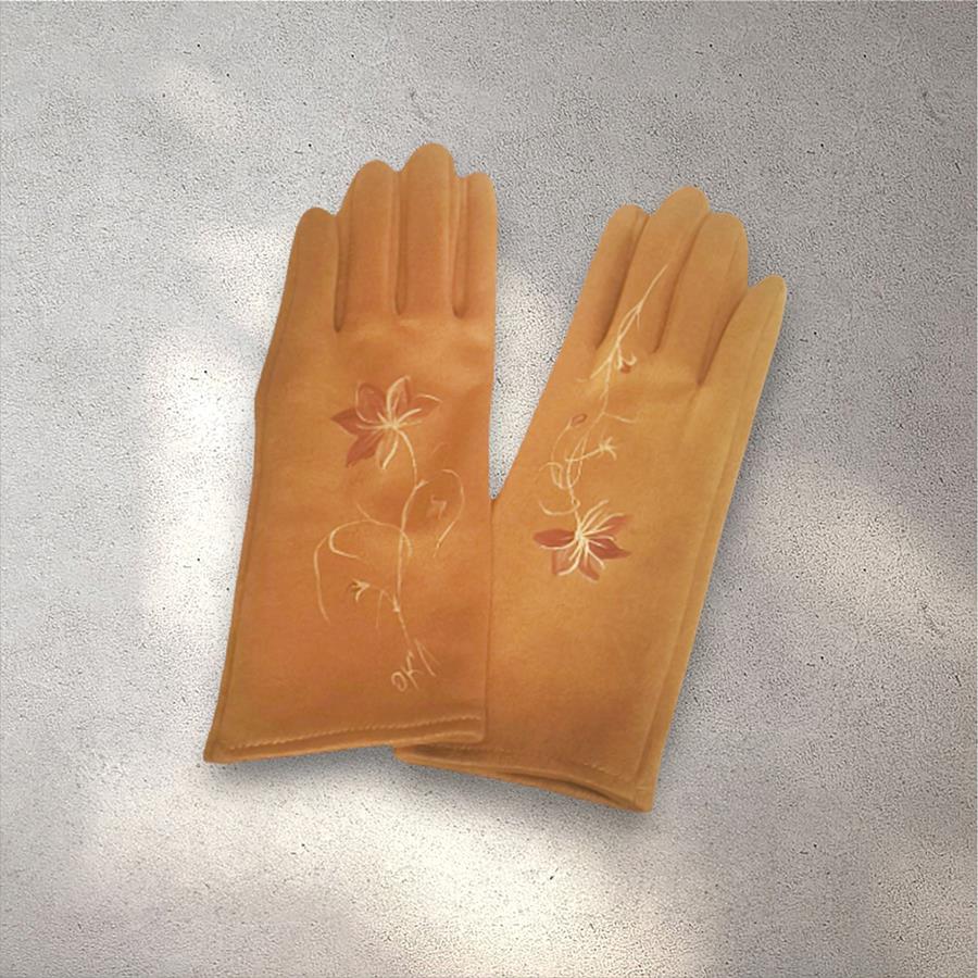 GUANTE amarillo mostaza, con dibujo de flores camel, interior térmico, táctil  