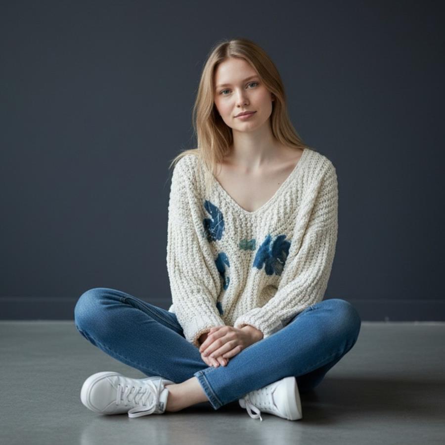JERSEY, PULL, color crudo con aplicación de pececitos en lana enfieltrada