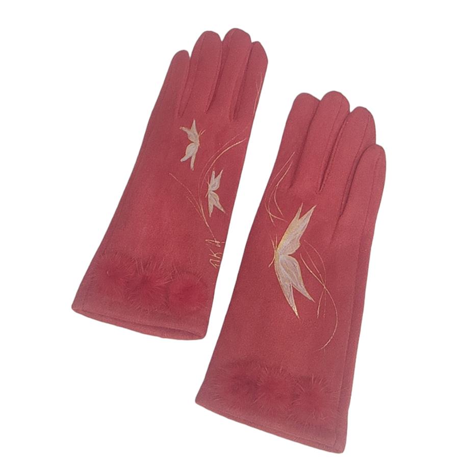 GUANTE rojo, con dibujo de mariposas blancas y adorno de pompones de pelo, interior térmico, táctil   