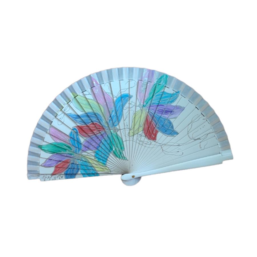 ABANICO de bolsillo, color blanco, dibujo de flores multicolores, madera de arce lacada, tamaño pequeño