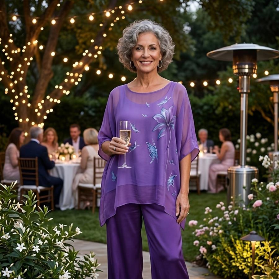 TUNICA ,blusa en gasa de seda, color morado dibujo de mariposas 