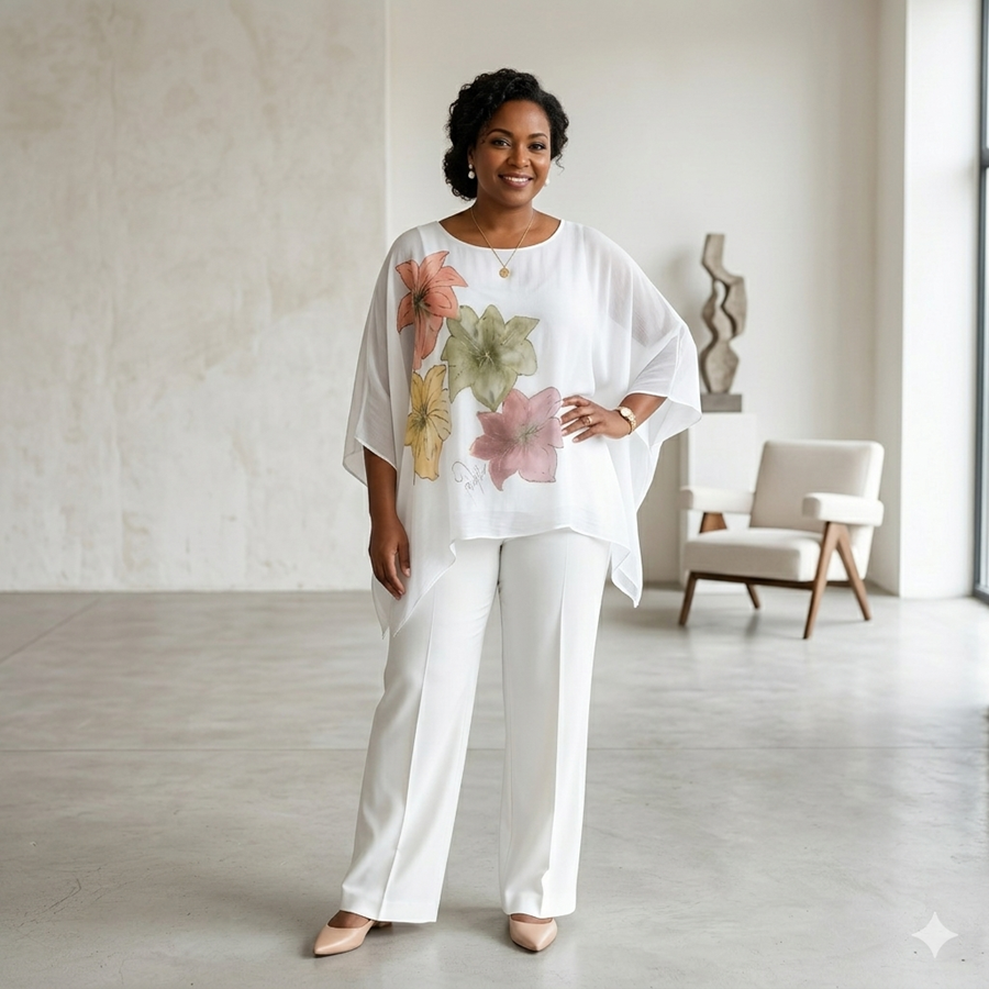 TUNICA ,blusa en gasa de seda blanca, con flores pintadas a mano