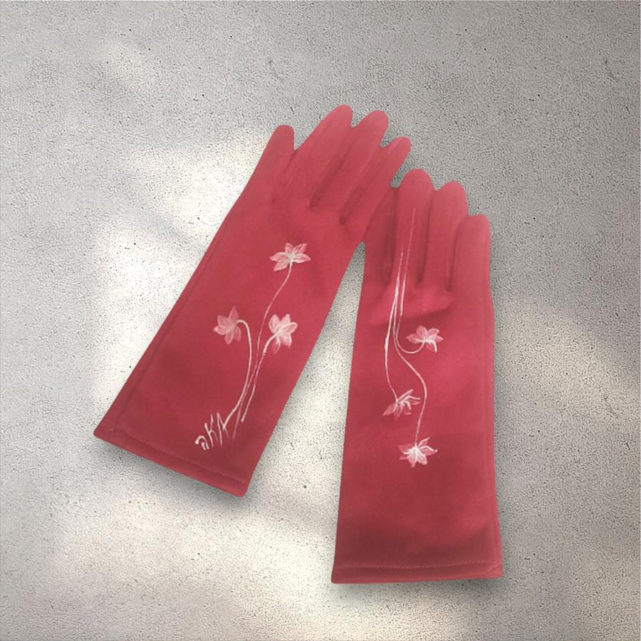 GUANTE rosa fucsia, con dibujo de flor en blanco, interior térmico, táctil  