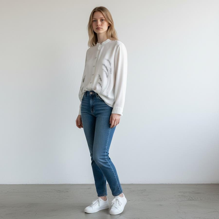 BLUSA camisa, color crudo, dibujo de espiga, en viscosa satén