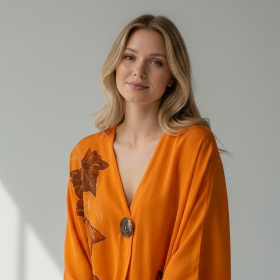 BLUSA japo, color naranja, dibujo de hojas, en viscosa saten, manga japonesa