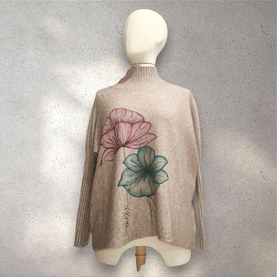 JERSEY, PULL, de corte evasé  y manga de canalé color visón con dibujo de amapolas de colores