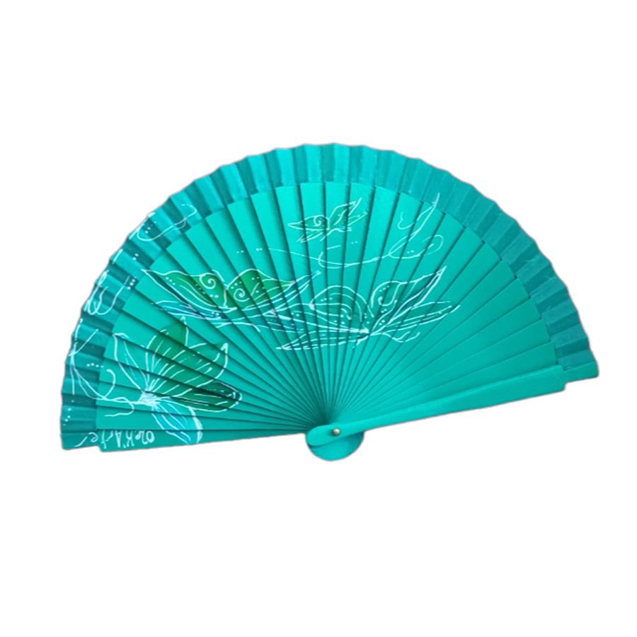 ABANICO de bolsillo, color verde, dibujo de mariposas, madera de arce lacada, tamaño pequeño