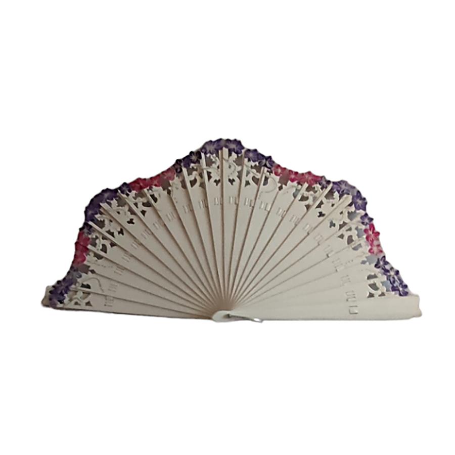 ABANICO baraja con calado,  color blanco, dibujo de flor rosa y malva, madera de arce lacado, tamaño medio