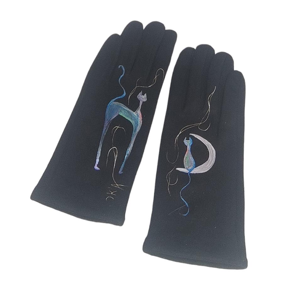 GUANTE negro, con dibujo de gato azul, interior térmico, táctil     