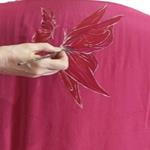 TUNICA, blusa, vestido en gasa de seda, color rosa fucsia dibujo de flores y mariposas