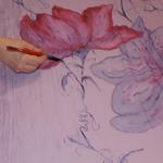 FULAR, en GASA DE SEDA, color malva, dibujo de flores rosas