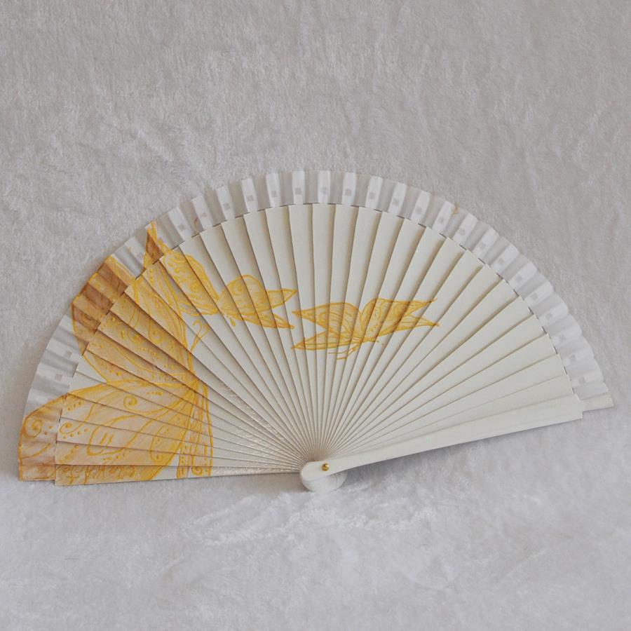 ABANICO clásico, color blanco, dibujo de espiral dorado, madera de arce lacado, tamaño medio
